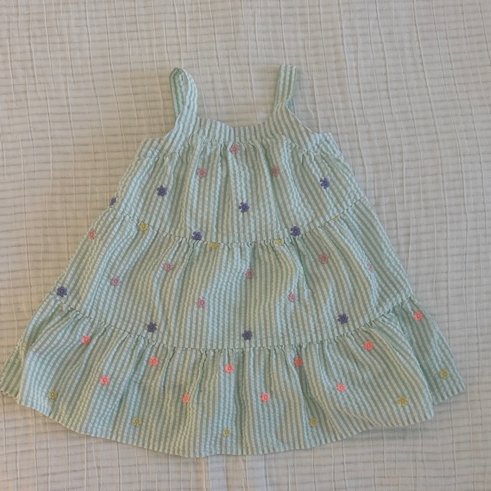 Blueberi Boulevard Green Striped Dress with Floral Accents